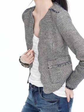 Banana Republic Navy Cream Tweed Scalloped Fringe Jacket Chanel Style Sz 4